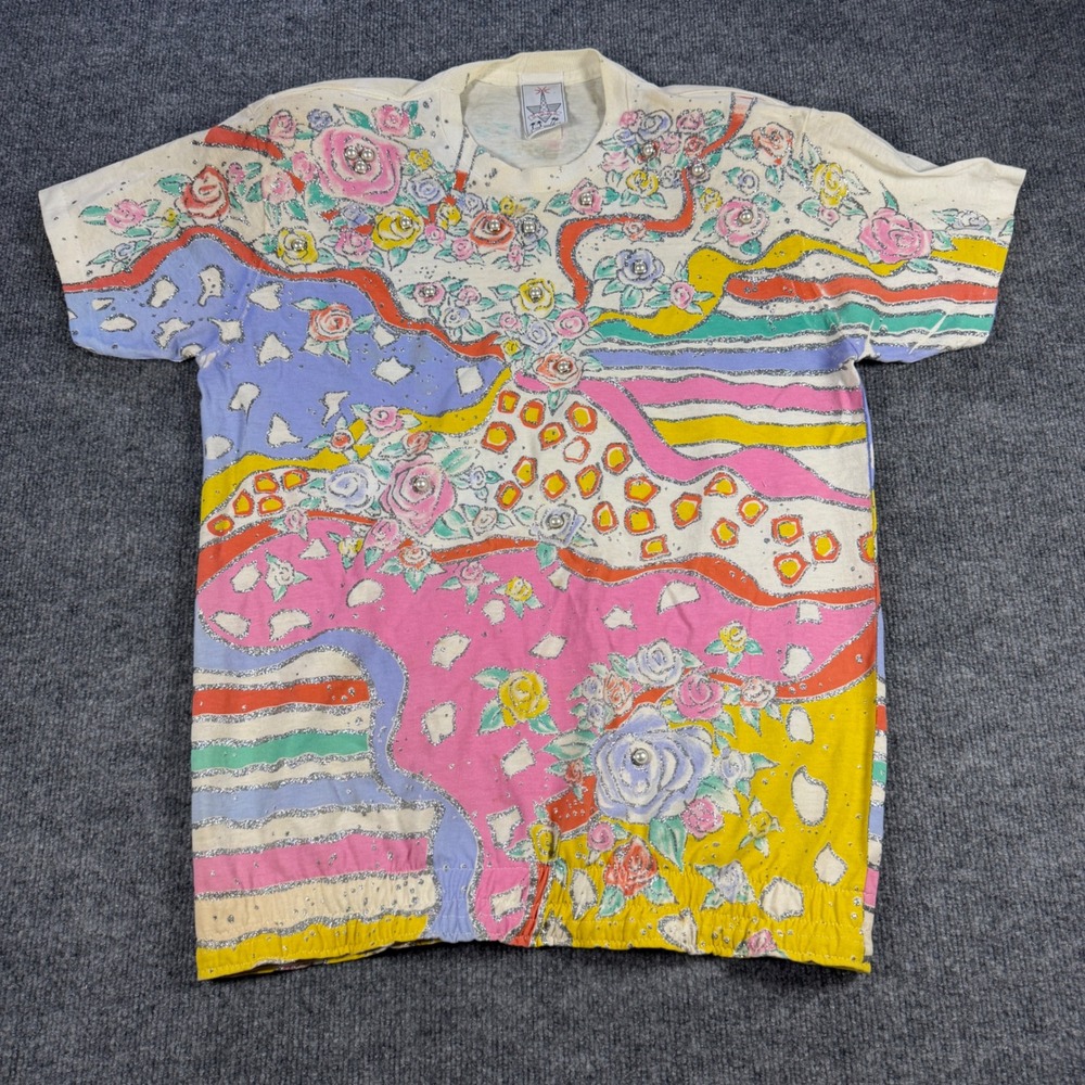 Vintage 80s K.W.B.L. Los Angeles Abstract Floral Glitter T-Shirt One Size